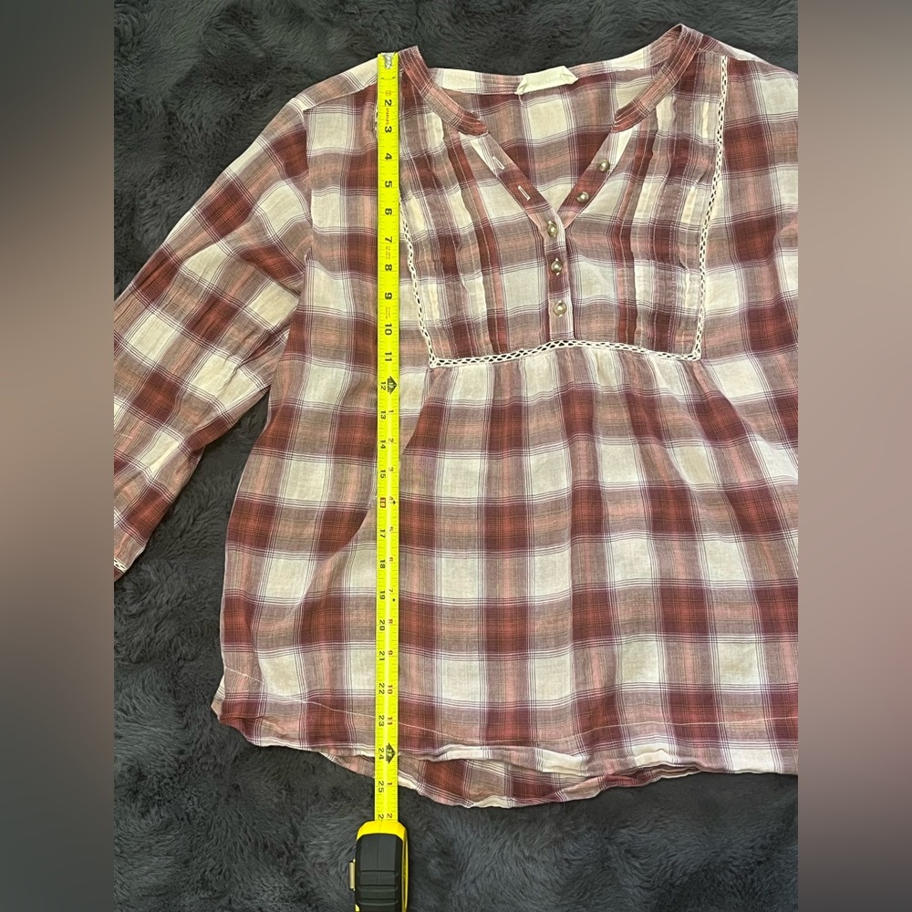 Lucky Brand 100% Cotton Mauve Plaid Henley Peasant Blouse Size Large - Picture 8 of 9